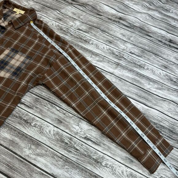 Love Notes Women's Cropped Mixed Patchwork Flannel Shirt L LG Large Brown Grey - Picture 13 of 13
